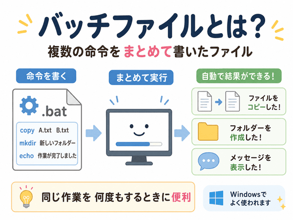 バッチファイルとは、複数の命令をまとめて書き、自動で実行するファイルであることを説明した図