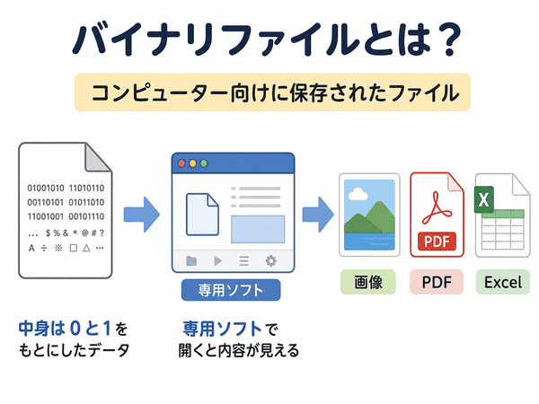 バイナリファイルとは、0と1をもとにしたデータを専用ソフトで開いて内容を表示するファイルのこと