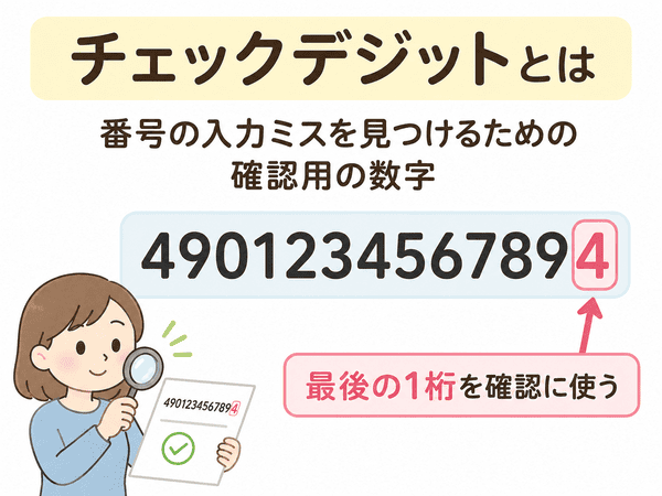 チェックデジットとは、番号の入力ミスを見つけるための確認用の数字だと説明する図