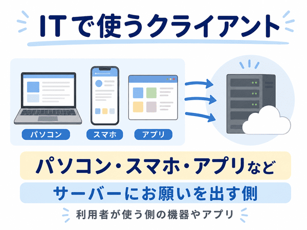 ITで使うクライアントの意味を、パソコン・スマホ・アプリがサーバーにお願いを出す側として示した図