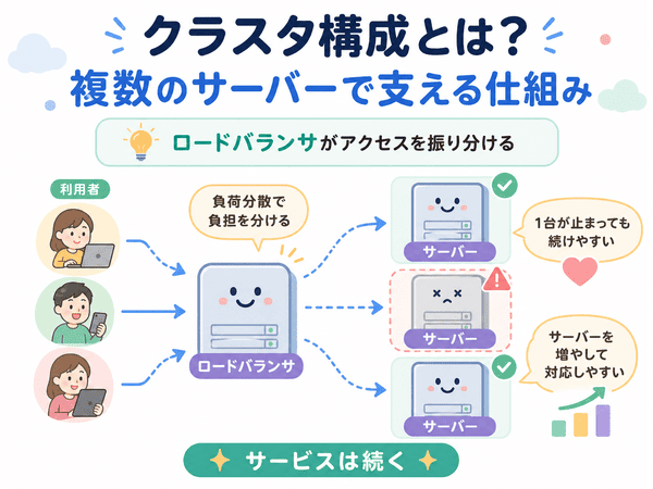 クラスタ構成で複数のサーバーがサービスを支える仕組みの図解