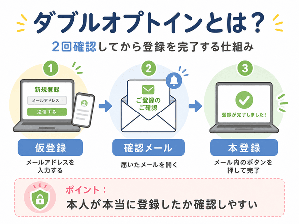 ダブルオプトインで仮登録から確認メール、本登録まで進む流れを説明した図