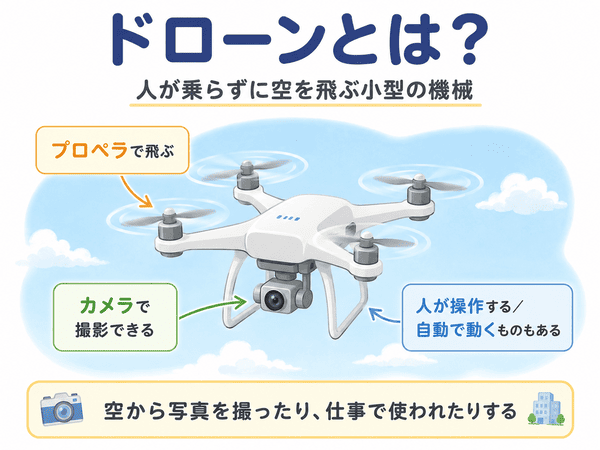 ドローンとは人が乗らずに空を飛ぶ小型の機械であることを説明する図解