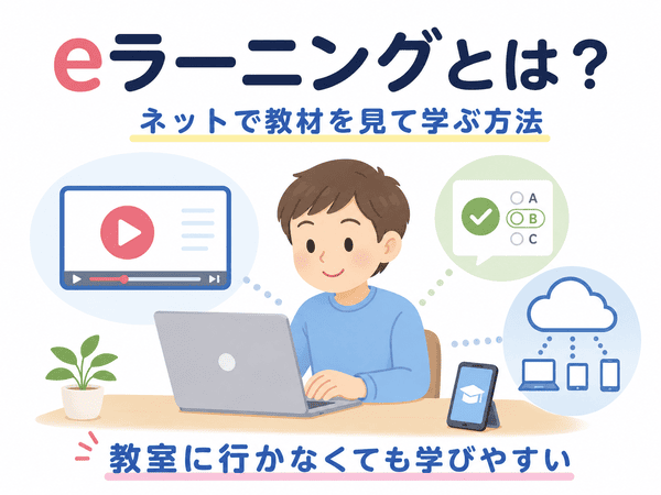 eラーニングとは、ネットで教材を見て学ぶ方法であることを説明する図