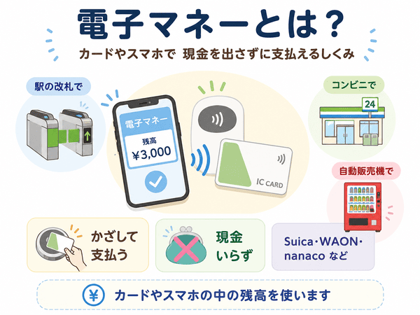 電子マネーとはカードやスマホで現金を出さずに支払える仕組みを示した図