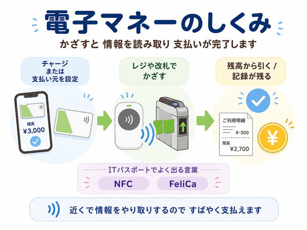 電子マネーはカードやスマホをかざすと情報を読み取り支払いが完了する仕組みを示した図