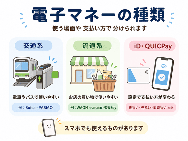 交通系・流通系・iDやQUICPayなど電子マネーの種類を示した図