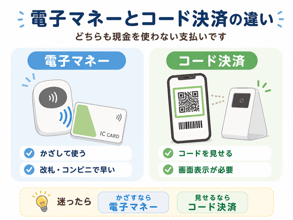電子マネーとかざして使う支払い、コード決済とコードを見せる支払いの違いを示した図