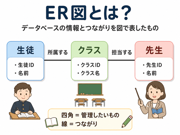 ER図とは何かを学校の例で示した初心者向けの図解
