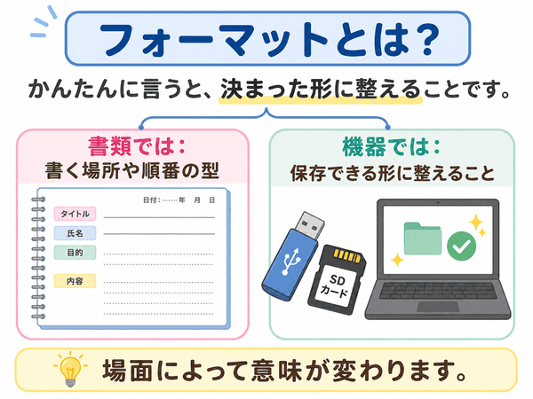 フォーマットとは決まった形に整えることを説明した図解