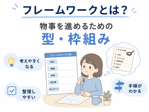 フレームワークとは物事を進めるための型や枠組みであることを説明する図