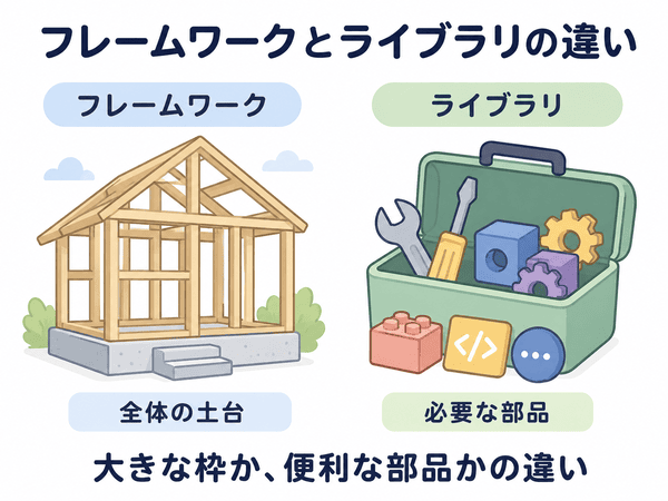 フレームワークとライブラリの違いを全体の土台と必要な部品の違いで説明する図