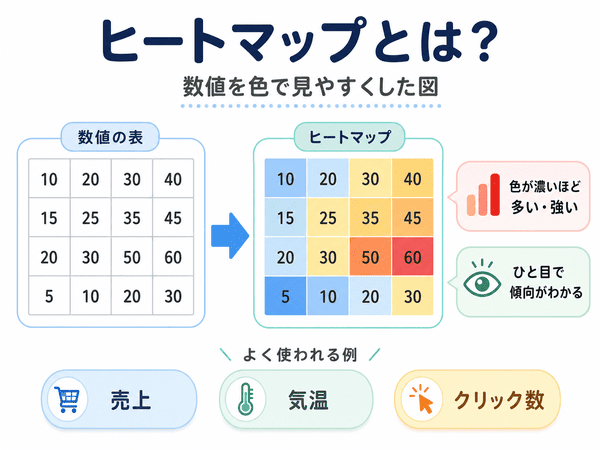 ヒートマップとは数値を色で見やすくした図であることを説明する画像
