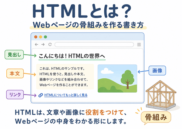 HTMLとはWebページの骨組みを作る書き方であることを示した図