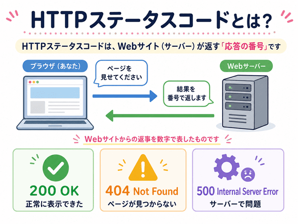 HTTPステータスコードはWebサイトやサーバーが返す応答の番号であることを示した図