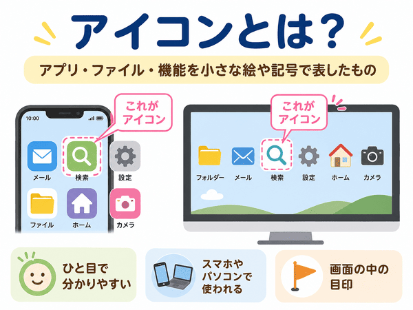 アイコンとは、アプリやファイル、機能を小さな絵や記号で表したもの