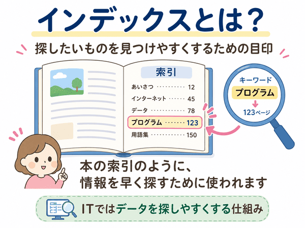 インデックスとは探したい情報を見つけやすくするための目印を本の索引で説明した図