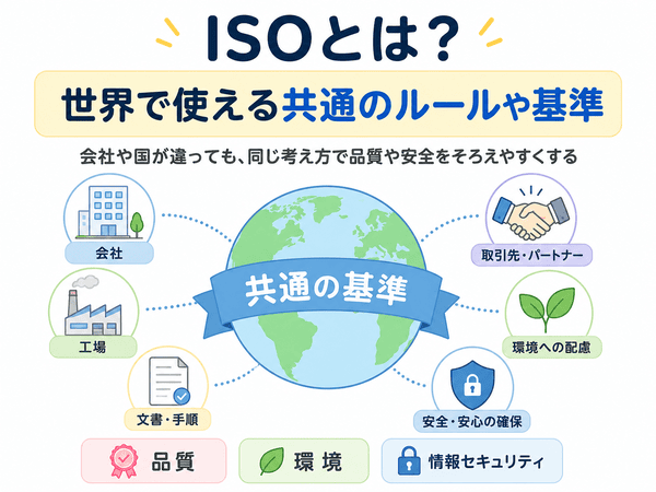 ISOとは世界で使える共通のルールや基準であることを示す図解