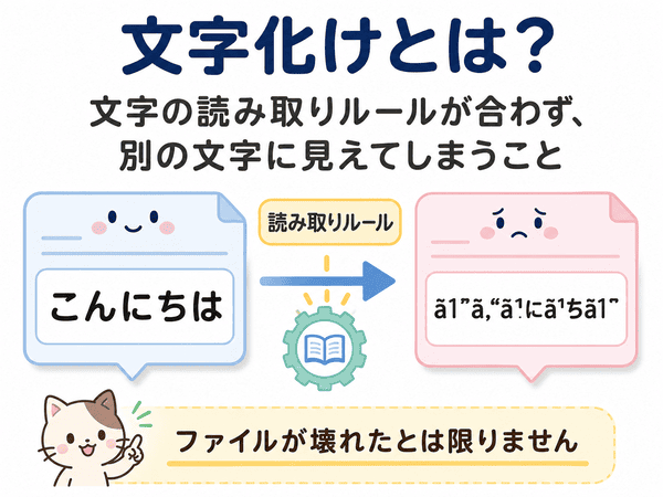 文字化けとは、文字の読み取りルールが合わず別の文字に見えてしまうことを説明する図