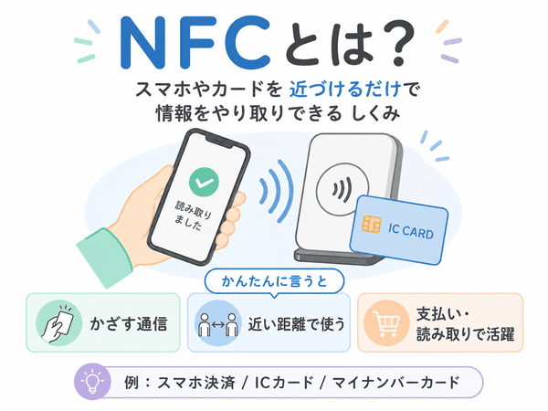 NFCとは、スマホやカードを近づけるだけで情報をやり取りできるしくみを説明した図