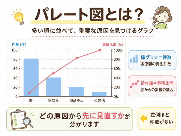 パレート図とは、多い順に並べて重要な原因を見つけるグラフであることを示した図