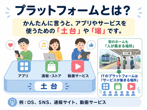 プラットフォームとはアプリやサービスを使うための土台や場であることを示す図