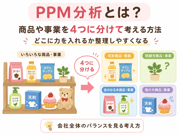 PPM分析とは商品や事業を4つに分けて力の入れ方を整理する方法であることを示した図