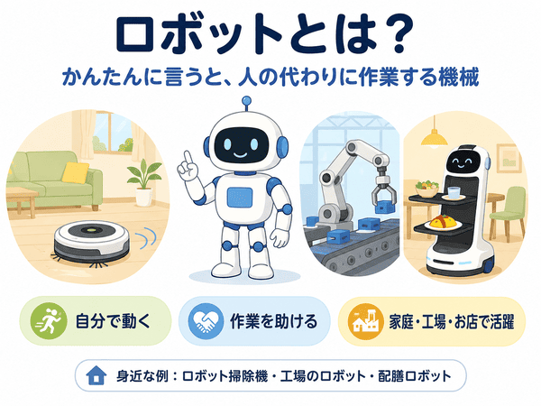 ロボットとは人の代わりに作業する機械であることを示す図解
