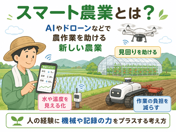 スマート農業とは、AIやドローンなどで農作業を助ける新しい農業であることを示した図