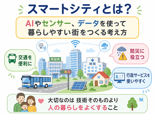 スマートシティとは、AIやセンサー、データを使って暮らしやすい街をつくる考え方を示した図