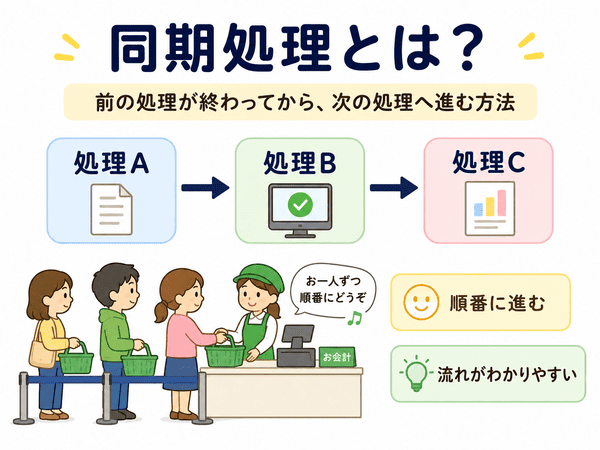 同期処理とは、前の処理が終わってから次の処理へ進む方法であることを、順番待ちの例で示した図