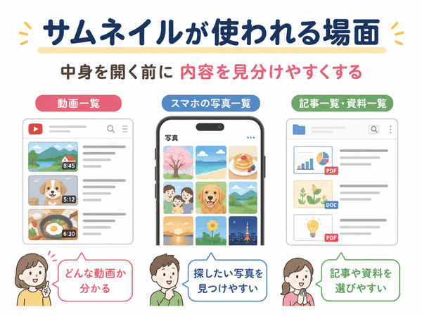 サムネイルが動画一覧、スマホの写真一覧、記事一覧や資料一覧で使われる場面を説明した図