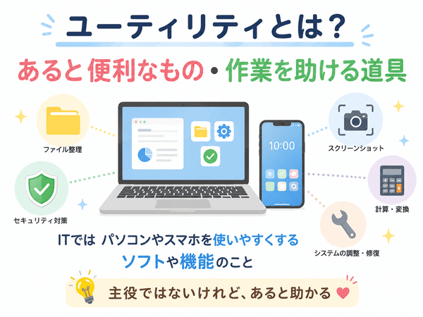 ユーティリティとは、あると便利なものや作業を助ける道具のことを説明した図