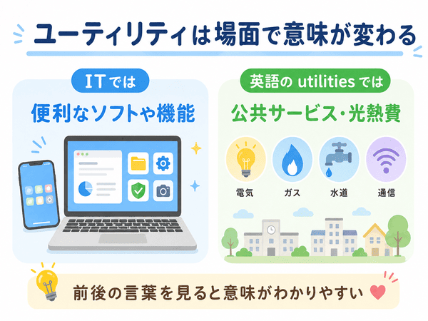 ユーティリティはITでは便利なソフトや機能、英語では公共サービスや光熱費を意味することを示した図