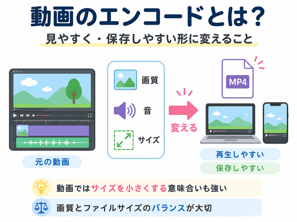 動画のエンコードとは、見やすく保存しやすい形に変えることを説明した図