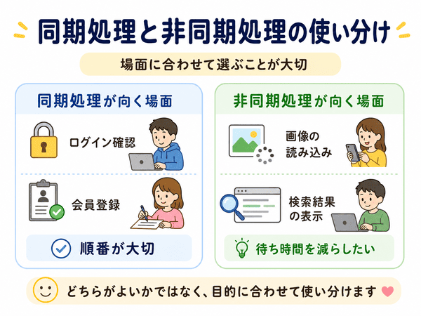 同期処理と非同期処理の使い分けを、向いている場面ごとに示した図