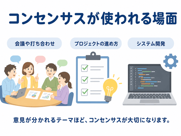 コンセンサスが会議、プロジェクトの進め方、システム開発で使われる場面を示した図
