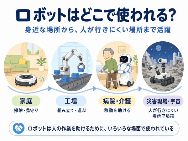 ロボットが家庭、工場、病院や介護、災害現場や宇宙で使われることを示す図解