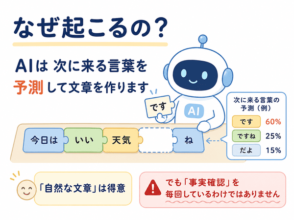 AIが次に来る言葉を予測して文章を作るためハルシネーションが起こる仕組みを説明した図