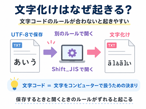 UTF-8で保存した文字を別の文字コードで開くと文字化けが起きることを説明した図
