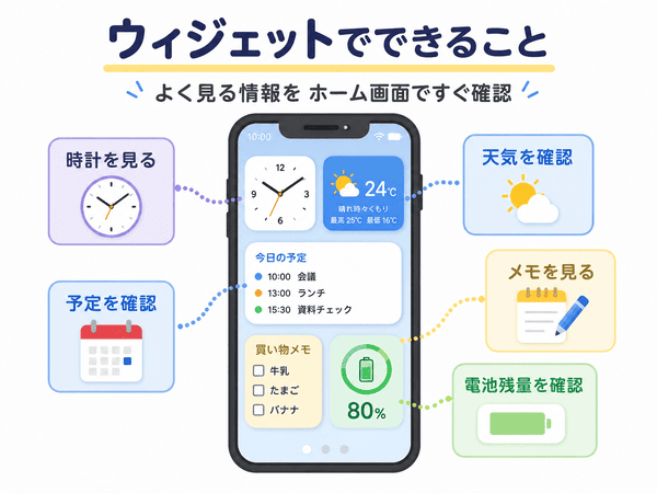 ウィジェットで時計・天気・予定・メモ・電池残量を確認できる例