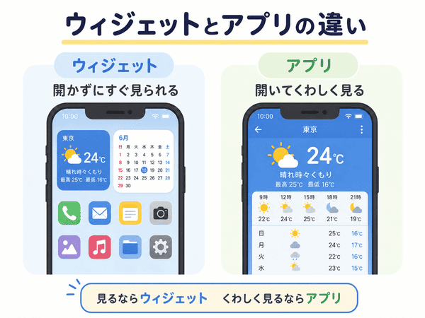 ウィジェットは開かずに見られ、アプリは開いてくわしく見る違い