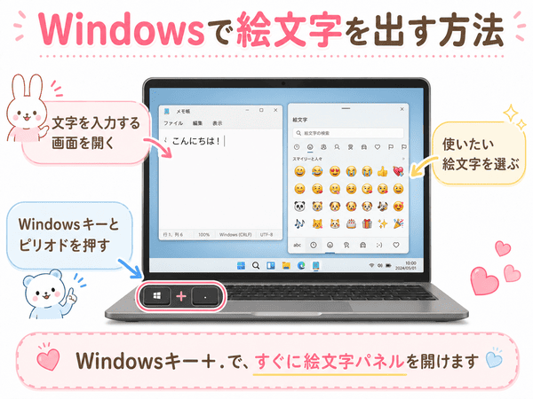 WindowsでWindowsキーとピリオドを押して絵文字パネルを開く方法を初心者向けに示した図解