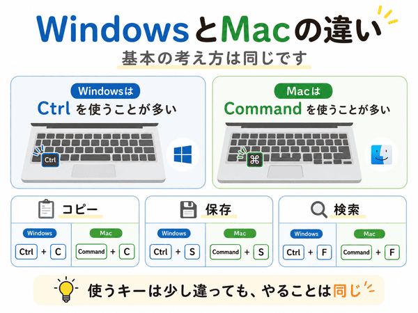 WindowsはCtrlキー、MacはCommandキーを使うことが多いという違いを説明した図