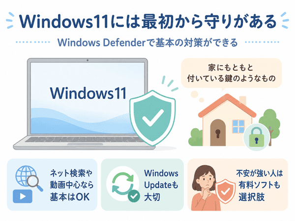 Windows11にはWindows Defenderという基本の守りが最初から入っていることを説明した図解