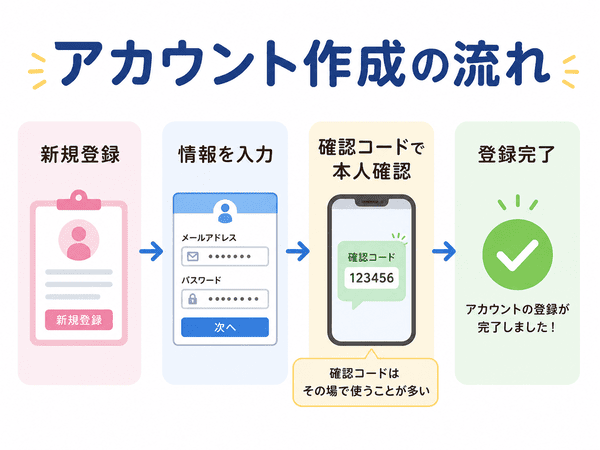 アカウント作成の流れを新規登録から登録完了まで説明した図