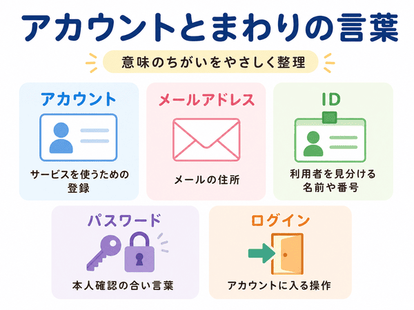 アカウントとメールアドレスとIDとパスワードとログインの違いを整理した図
