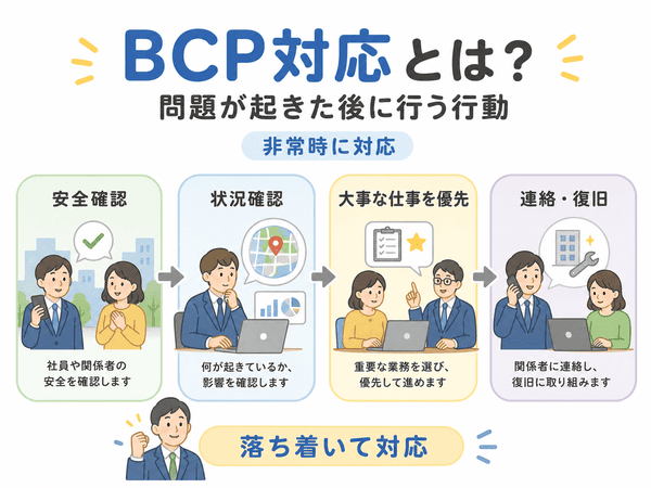 BCP対応として安全確認、状況確認、重要な仕事の優先、連絡と復旧を行う流れ