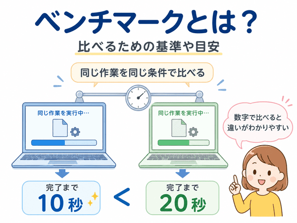 ベンチマークとは同じ作業を同じ条件で比べる基準や目安であることを示す図
