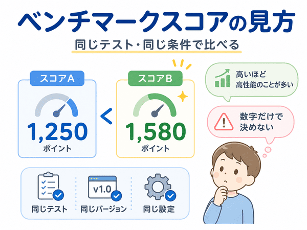 ベンチマークスコアは同じテストと同じ条件で比べることが大切だと示す図